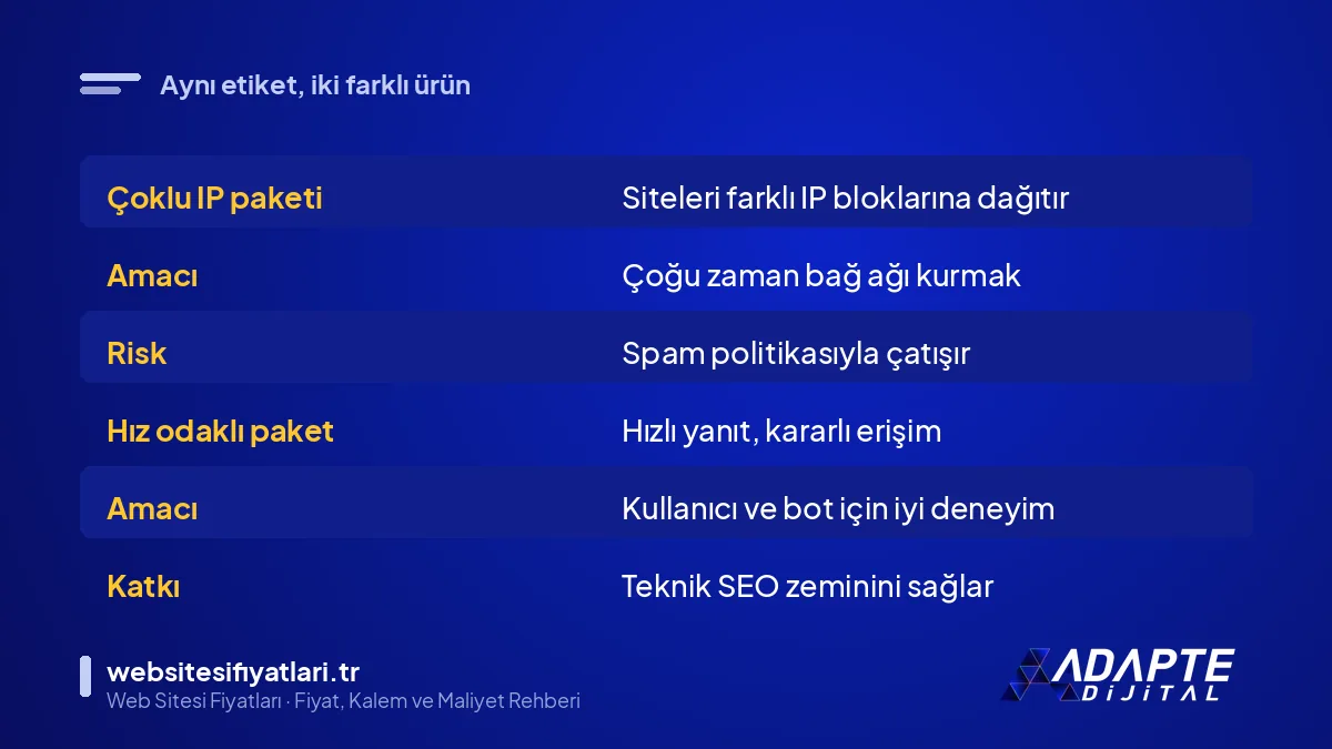 SEO hosting etiketinin iki anlamını karşılaştıran tablo